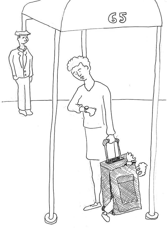 An illustration of a child in someone's luggage