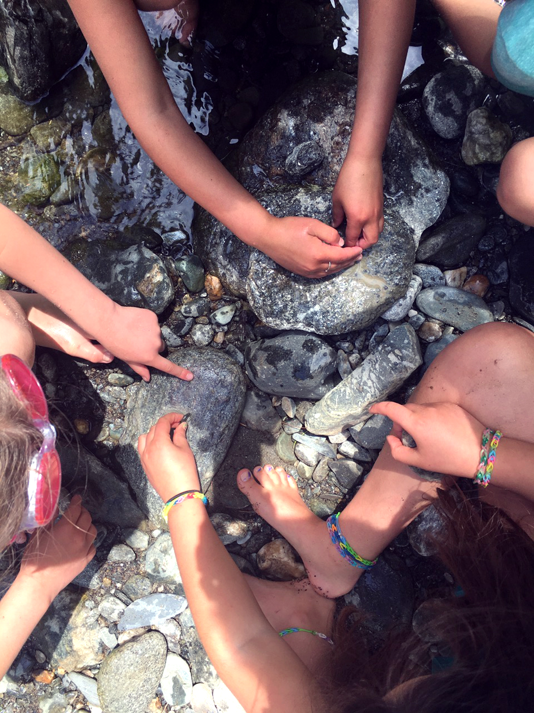 children's hands in a stream